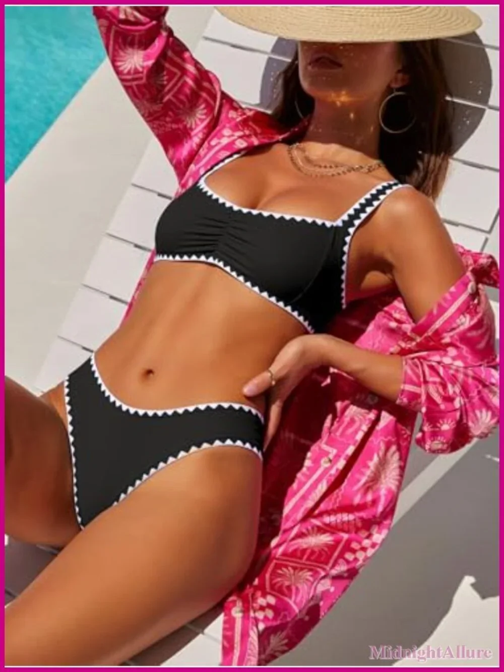 Women's Two Piece Bikini Set Ribbed Front Ruched Mid Waisted Adjustable Straps